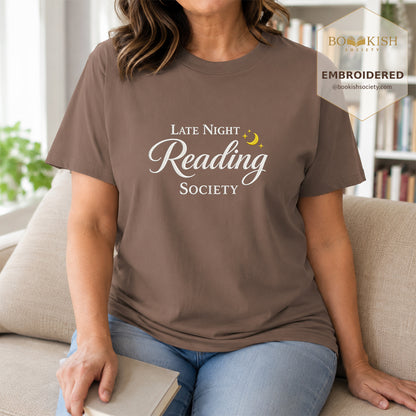 Late Night Reading Society Embroidered Comfort Color® T-shirt | Book Lover Gift Espresso