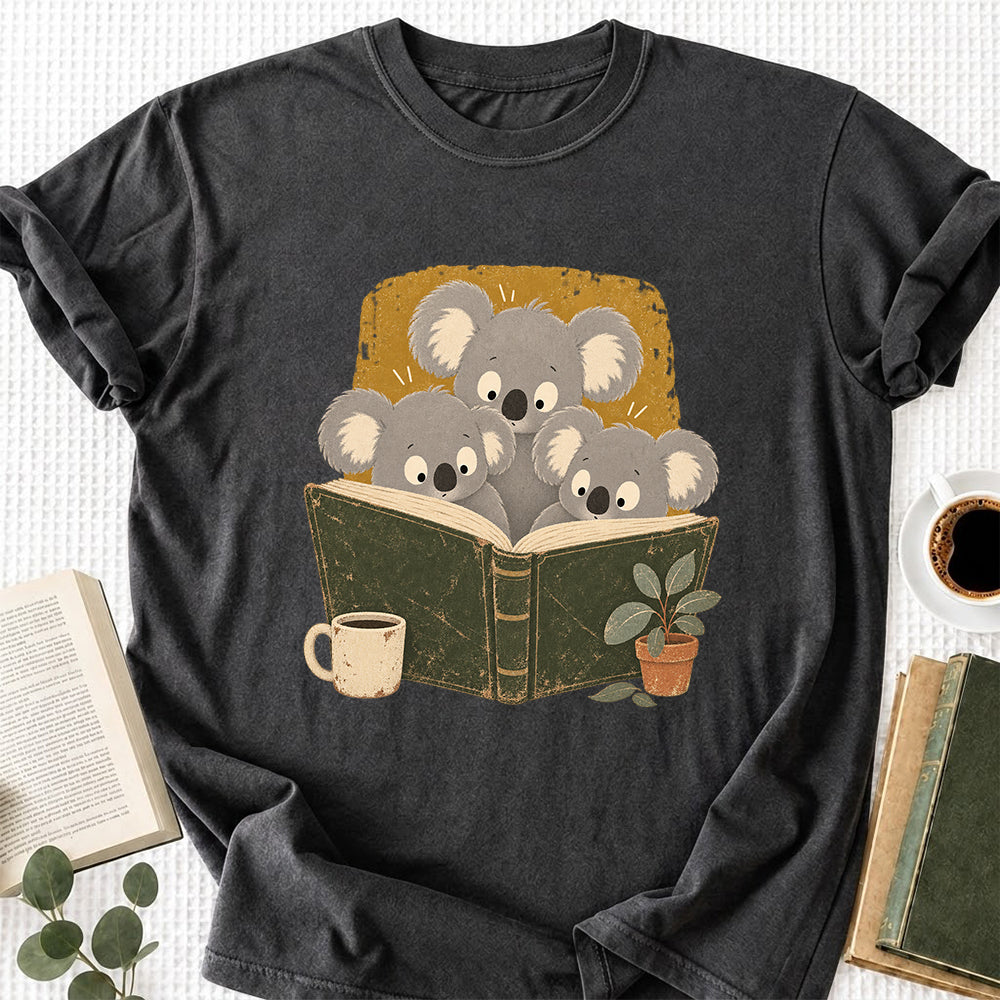 Minimal Japanese Koalas Reading Softstyle T-Shirt | Book Lover Gift Dark Heather