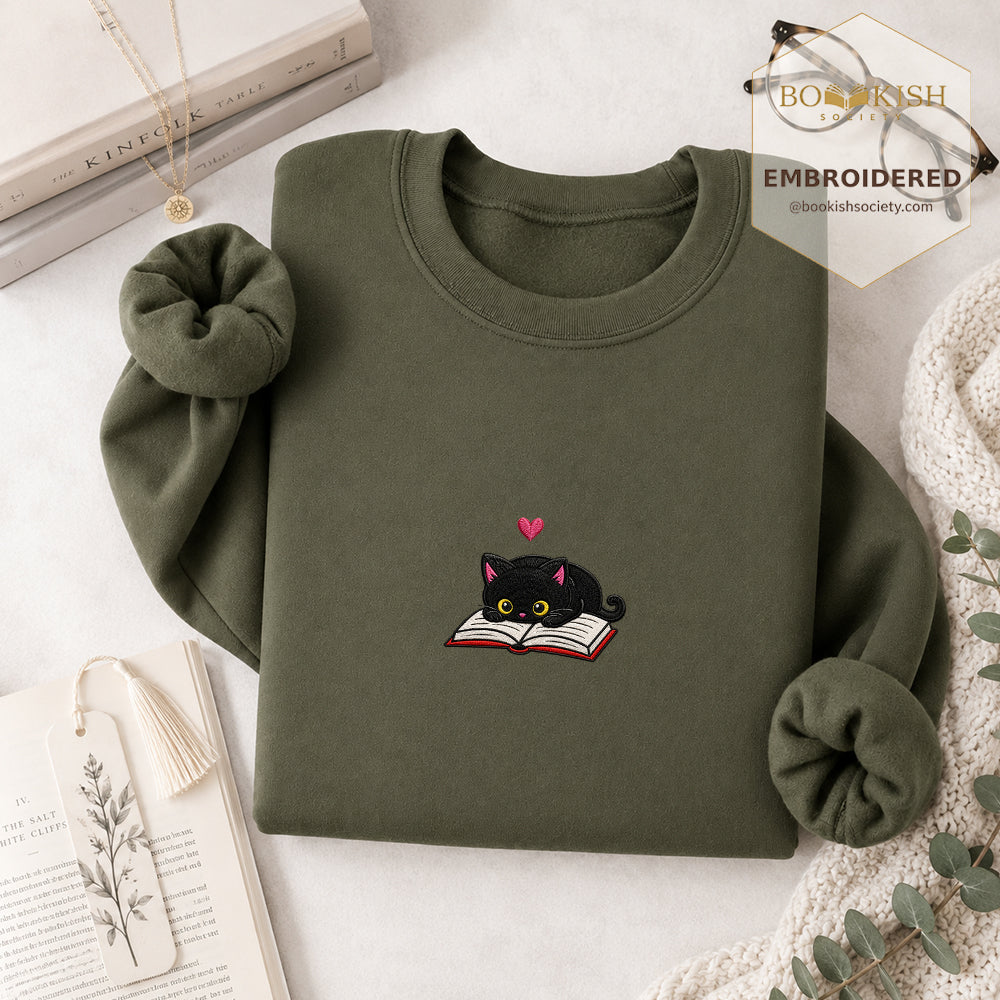 Black Cat and Book Embroidered Sweatshirt | Reader Gift Military Green