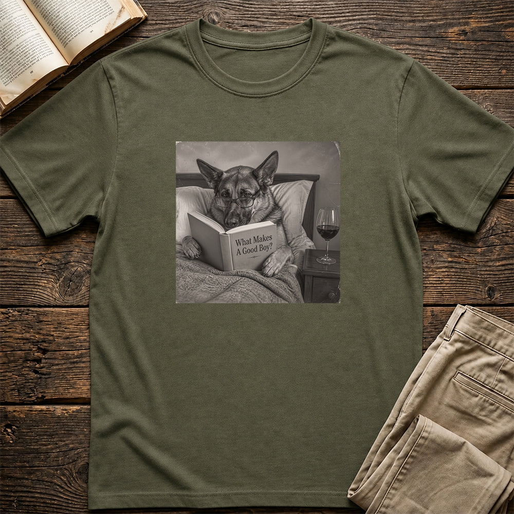 What Makes A Good Boy Printed T-Shirt | Cozy German Shepherd Mom Reader Gift Military Green