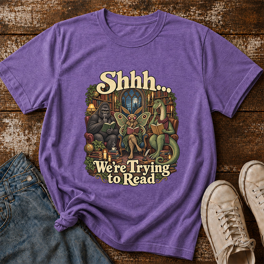 Shh... We Trying To Read Cotton T-Shirt | Midnight Reader Gift Heather Purple
