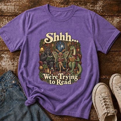 Shh... We Trying To Read Cotton T-Shirt | Midnight Reader Gift Heather Purple