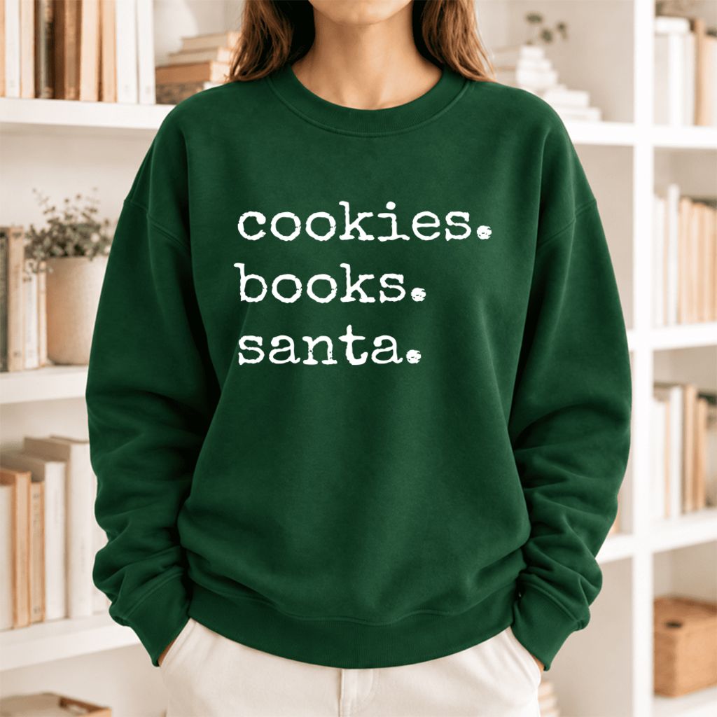 Cookies Books Santa Softstyle Sweatshirt | Christmas Book Lover Gift Forest Green