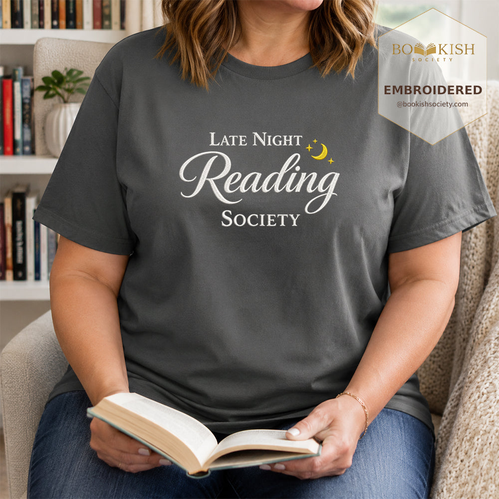 Late Night Reading Society Embroidered Comfort Color® T-shirt | Book Lover Gift Pepper