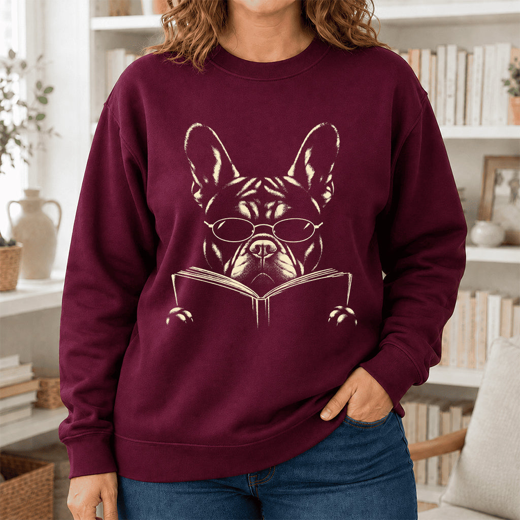 French Bulldog Reading Book Crewneck Sweatshirt | Reader Gift Maroon
