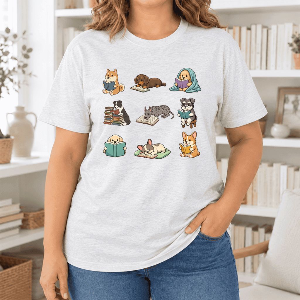 Funny Reading Dogs Ultra-Soft Cotton T-Shirt | Dog Mom Reader Gift Ash