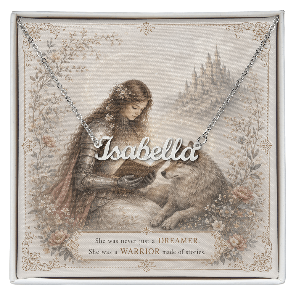 Lady Knight Reading Decorative Card And Custom Name Polished Stainless Steel Necklace With Box Book Lover Gift Font 1