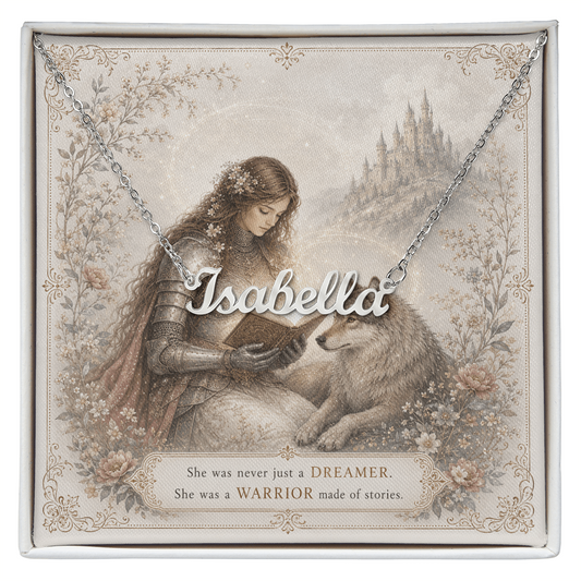 Lady Knight Reading Decorative Card And Custom Name Polished Stainless Steel Necklace With Box Book Lover Gift Font 1