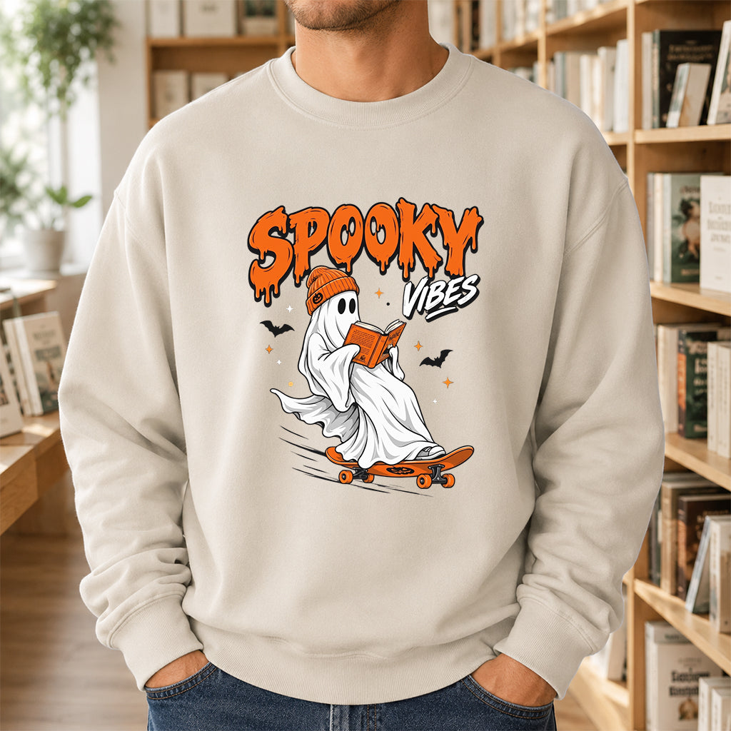 Spooky Vibes Printed Sweatshirt | Halloween Reader Gift Sand