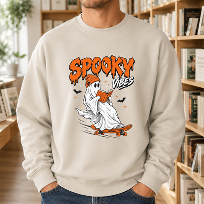 Spooky Vibes Printed Sweatshirt | Halloween Reader Gift Sand