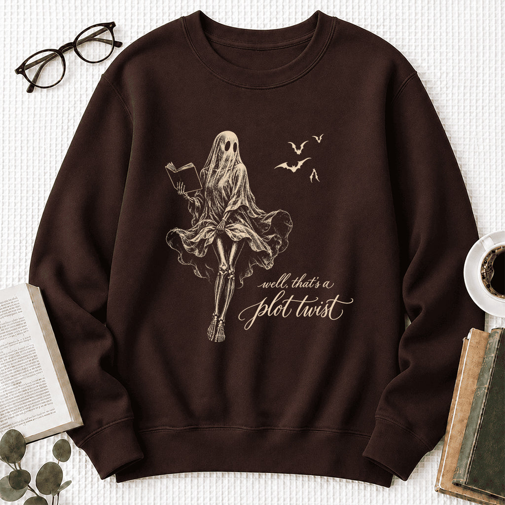 Funny Dress-Wearing Bookworm Ghost Printed Sweatshirt | Halloween Reader Gift Dark Chocolate