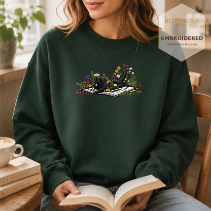 Cat and Book Embroidered Sweatshirt | Reader Gift Forest Green