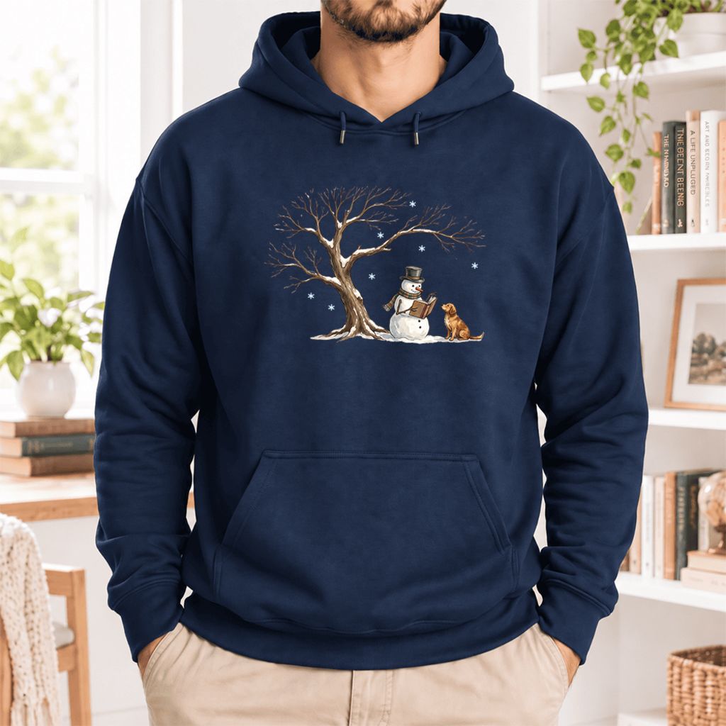 Golden Retriever And Snowman Under Tree Softstyle Hoodie | Christmas Reader Gift Navy
