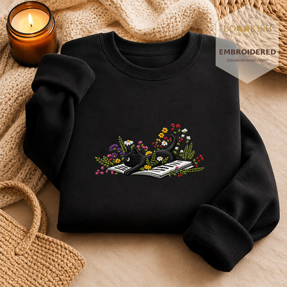 Cat and Book Embroidered Sweatshirt | Reader Gift Black