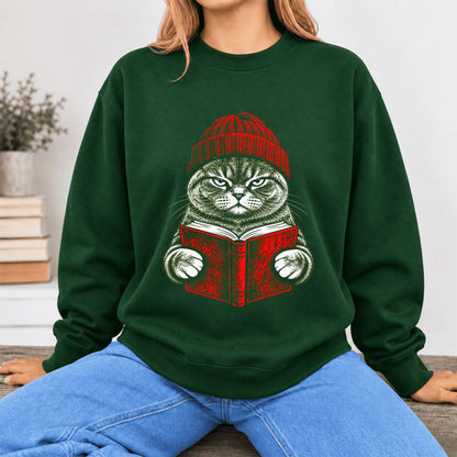Vintage Reading Cat British Shorthair Softstyle Sweatshirt | Christmas Gift Forest Green