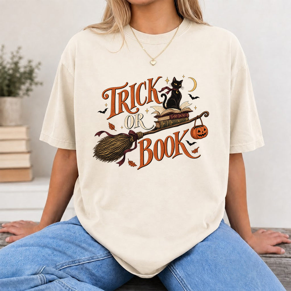 Trick Or Book Black Cat Printed T-Shirt | Halloween Book Lover Gift Natural