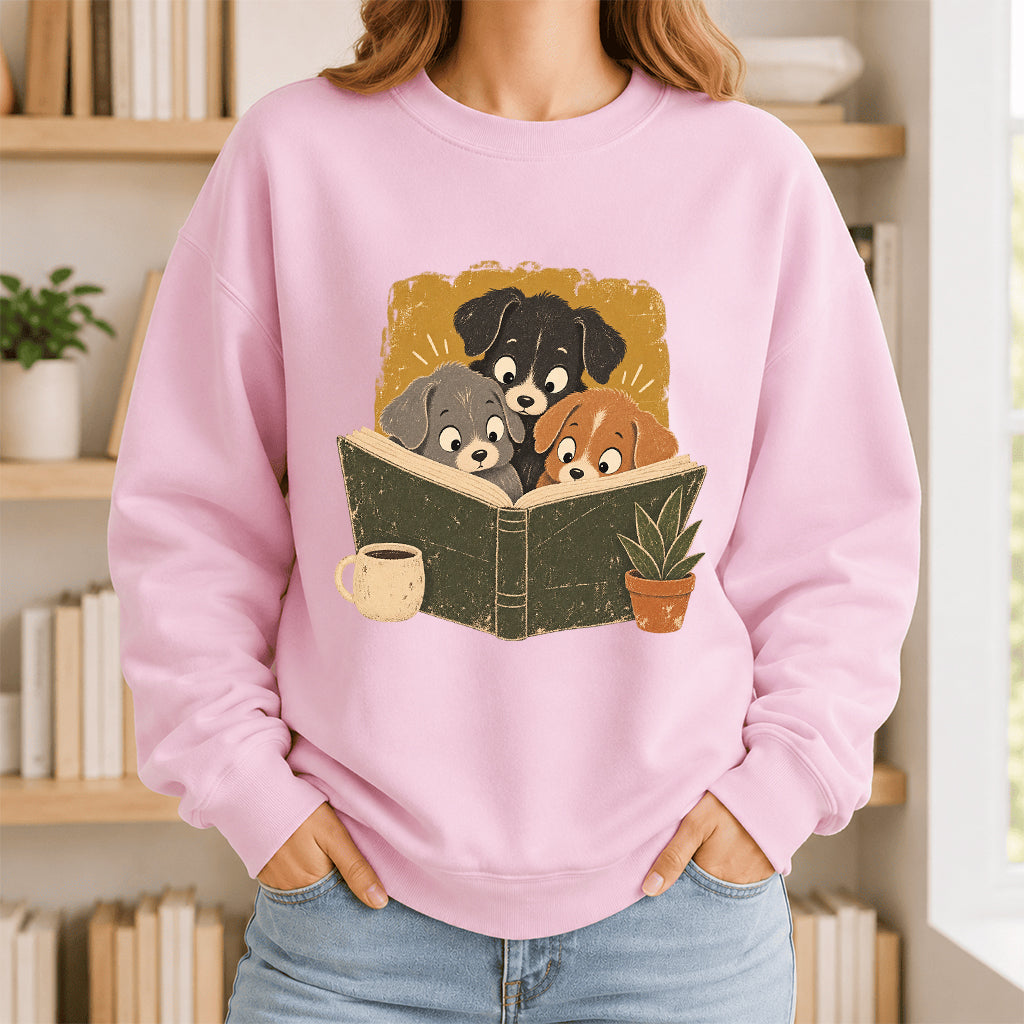 Minimal Japanese Dogs Reading Crewneck Sweatshirt | Reader Gift Light Pink