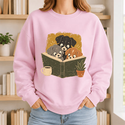 Minimal Japanese Dogs Reading Crewneck Sweatshirt | Reader Gift Light Pink