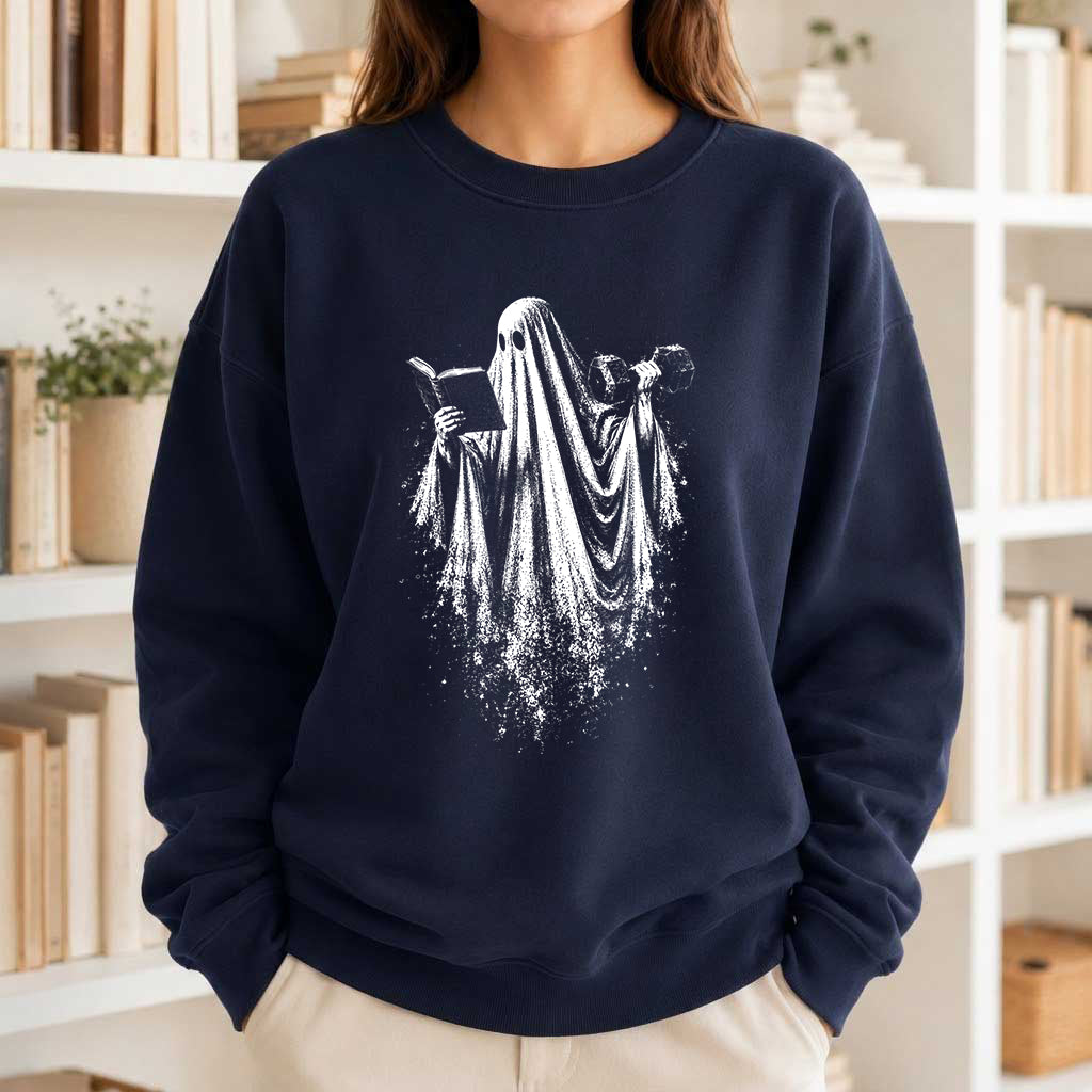 Reading Gym Ghost Printed Sweatshirt | Halloween Book Lover Gift Navy
