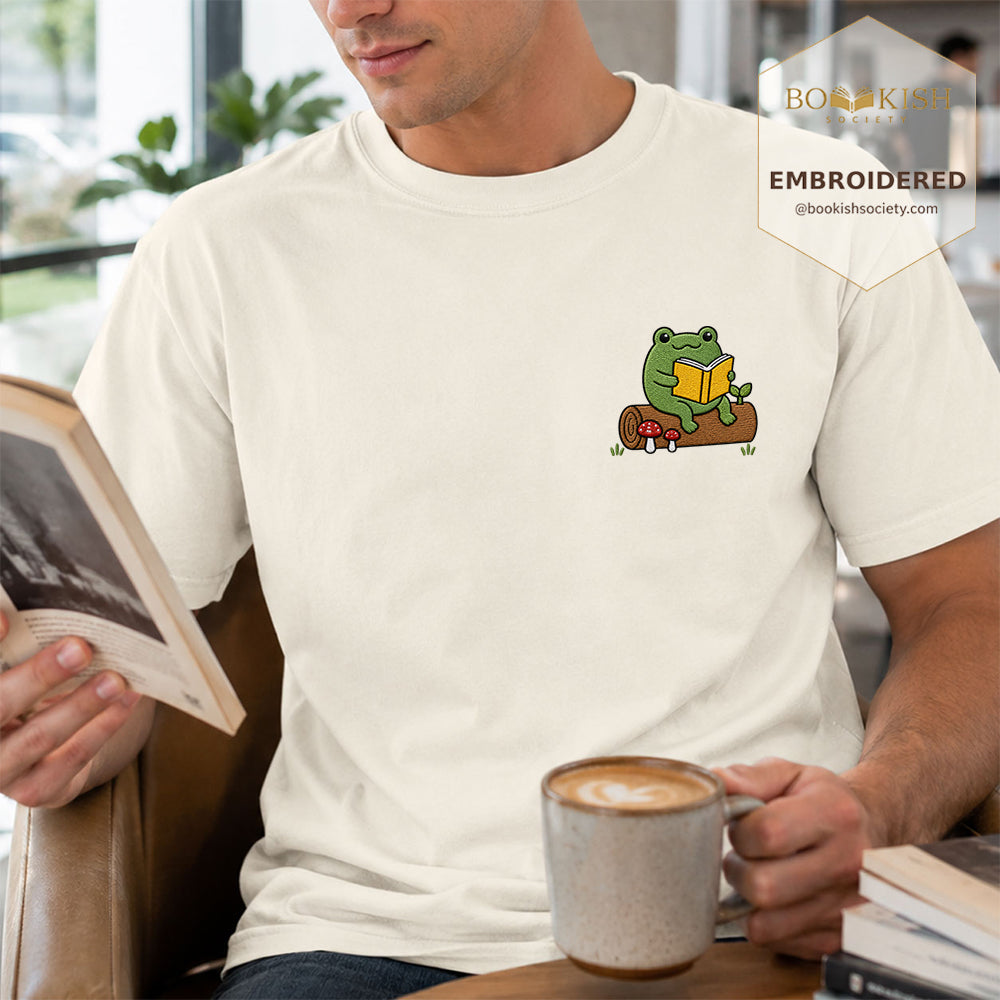Embroidered Frog on Log Reading Book Comfort Color® T-shirt Book Lover Gift Ivory