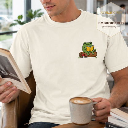 Embroidered Frog on Log Reading Book Comfort Color® T-shirt Book Lover Gift Ivory