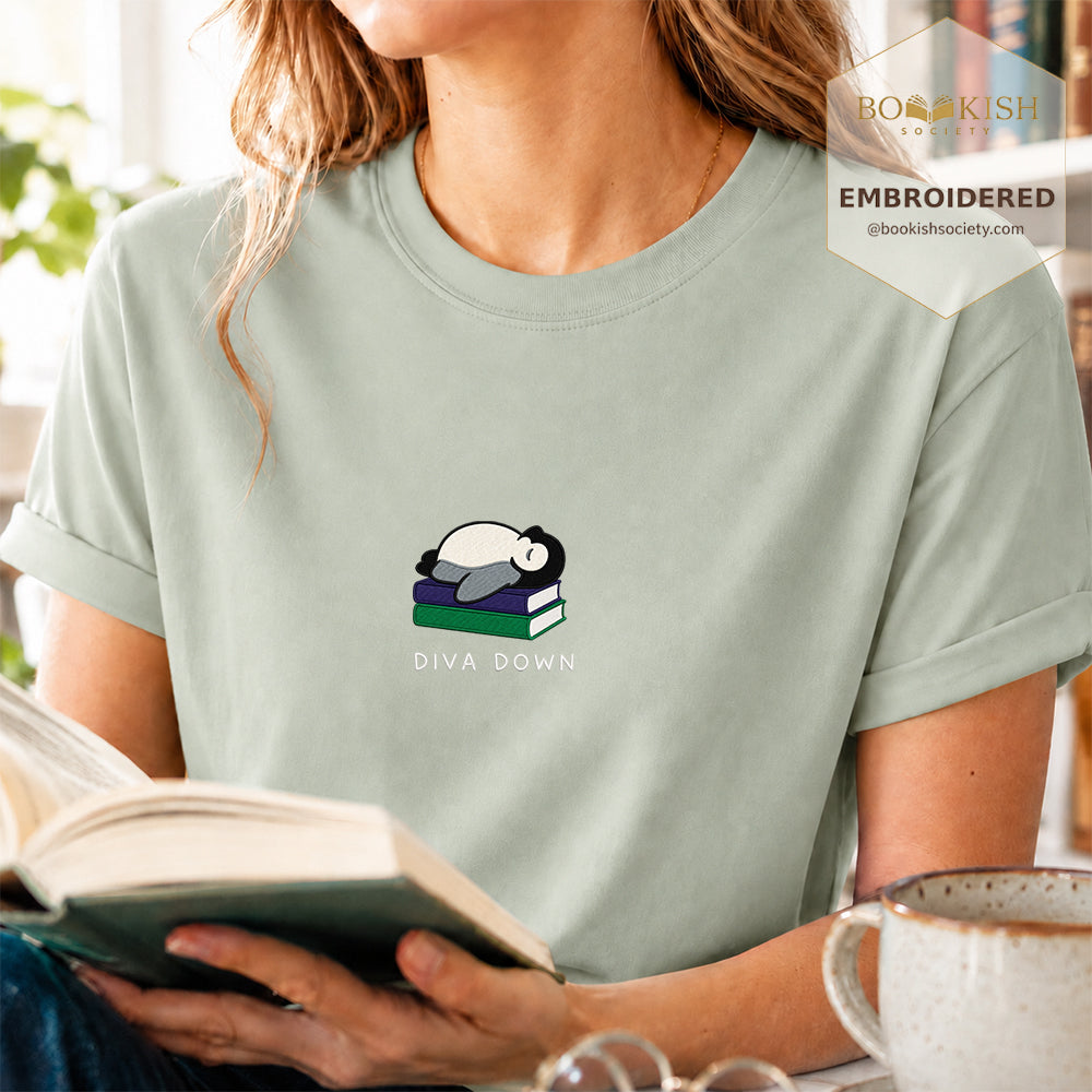 Embroidered Diva Down Penguin Comfort Color® T-shirt Book Lover Gift Bay