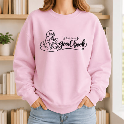 Lost In A Good Book Crewneck Sweatshirt | Dog Lover & Reader Gift Light Pink