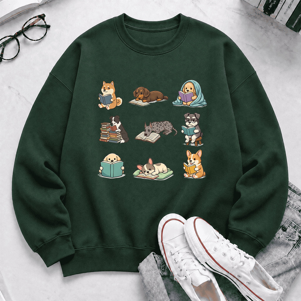 Funny Dogs Reading Crewneck Sweatshirt | Reader Gift Forest Green