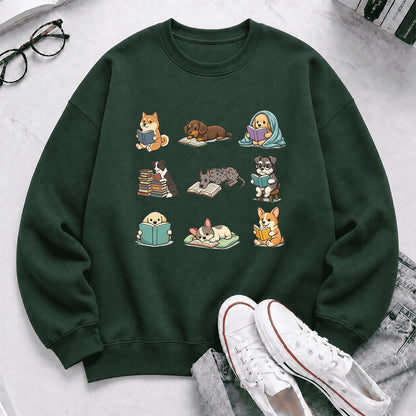 Funny Dogs Reading Crewneck Sweatshirt | Reader Gift Forest Green