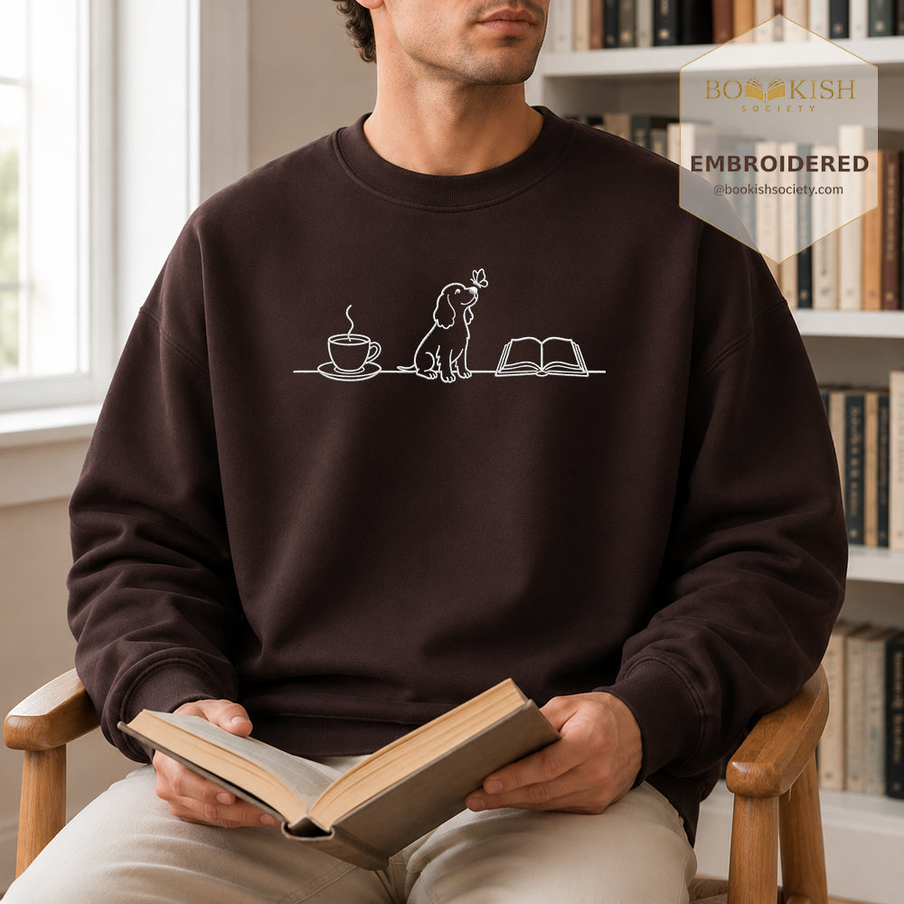 Coffee Dogs And Books Embroidered Sweatshirt | Reader Gift Dark Chocolate