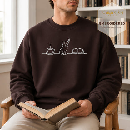 Coffee Dogs And Books Embroidered Sweatshirt | Reader Gift Dark Chocolate