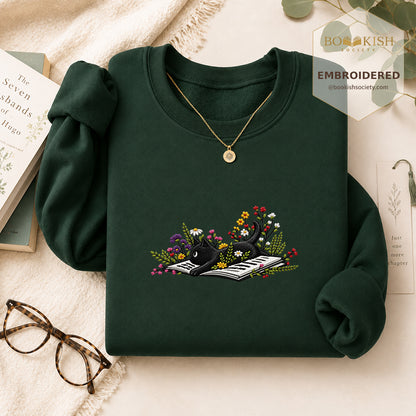 Cat and Book Embroidered Sweatshirt | Reader Gift Forest Green