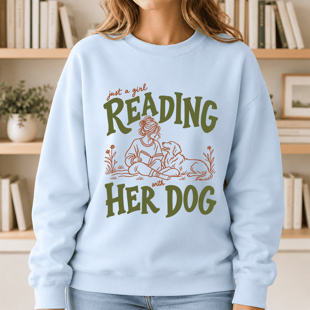 Just A Girl Reading With Her Dog Crewneck Sweatshirt | Reader Gift Light Blue