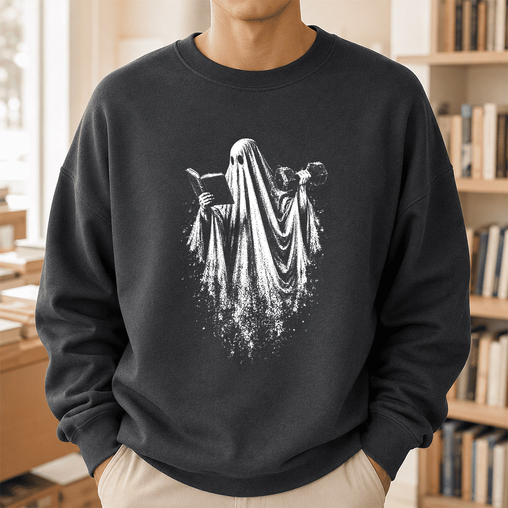 Reading Gym Ghost Printed Sweatshirt | Halloween Book Lover Gift Dark Heather
