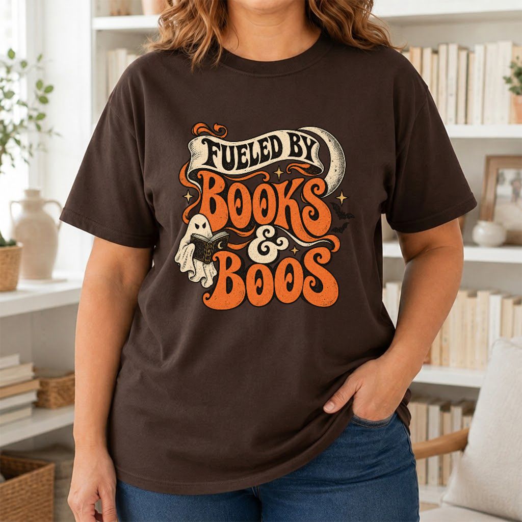 Fueled By Books & Boos Printed T-Shirt | Halloween Book Lover Gift Dark Chocolate