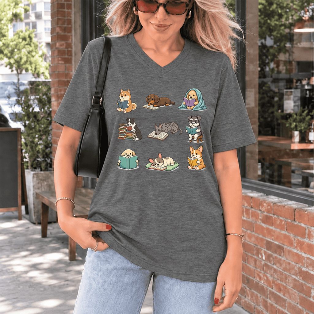 Funny Reading Dogs Ultra-Soft V-Neck | Dog Mom Reader Gift Deep Heather