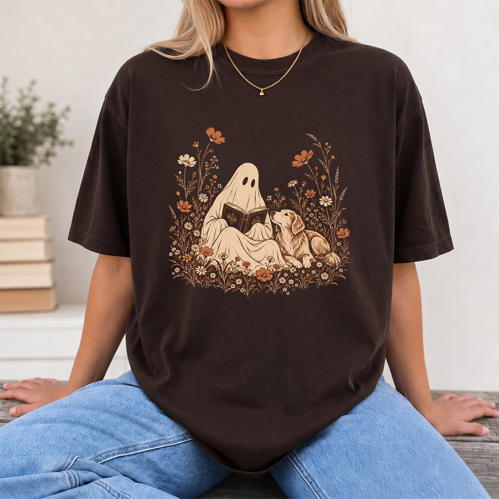 Ghost Wildflowers With Book And Golden Retriever Printed T-Shirt | Halloween Dog Lover Gift Dark Chocolate