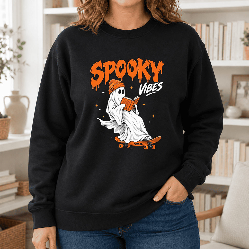 Spooky Vibes Printed Sweatshirt | Halloween Reader Gift Black