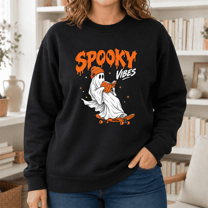 Spooky Vibes Printed Sweatshirt | Halloween Reader Gift Black