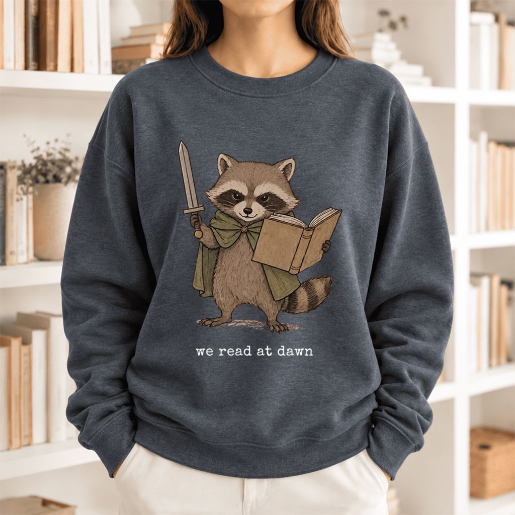 We Read At Dawn Funny Racoon Softstyle Sweatshirt | Cozy Book Lover Gift Dark Heather