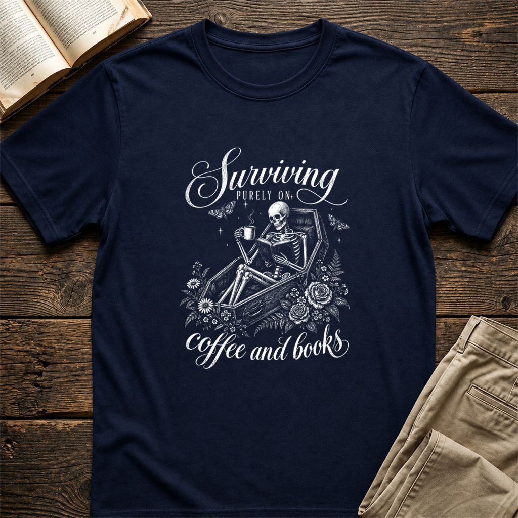 Surviving Purely On Coffee And Books Printed T-Shirt | Halloween Book Lover Gift Navy