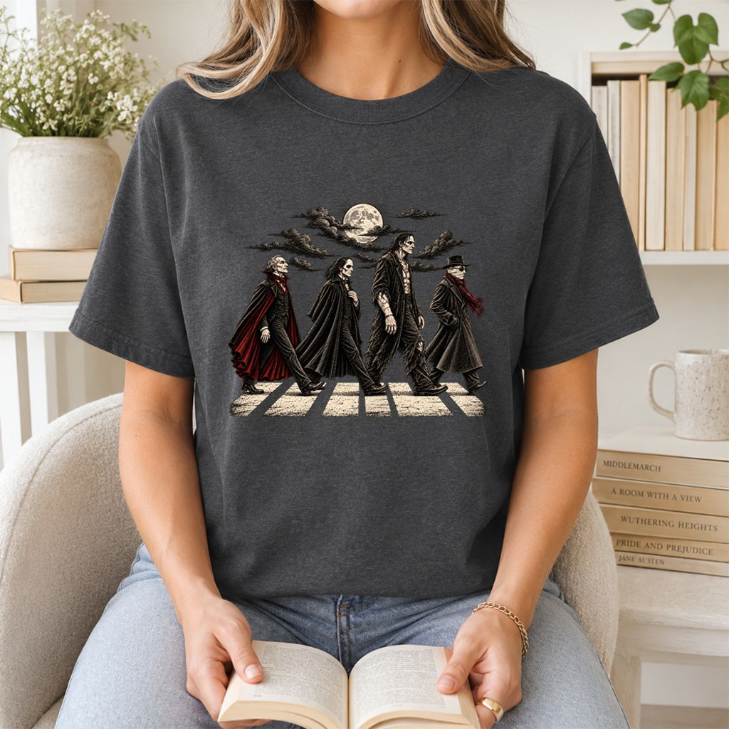 Monsters Road Printed T-Shirt | Halloween Book Lover Gift Dark Heather