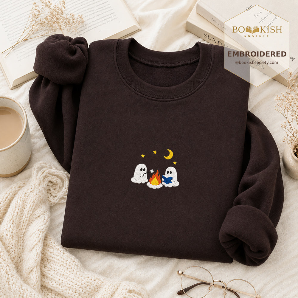 Cute Ghost Camping Embroidered Sweatshirt | Reader Gift Dark Chocolate