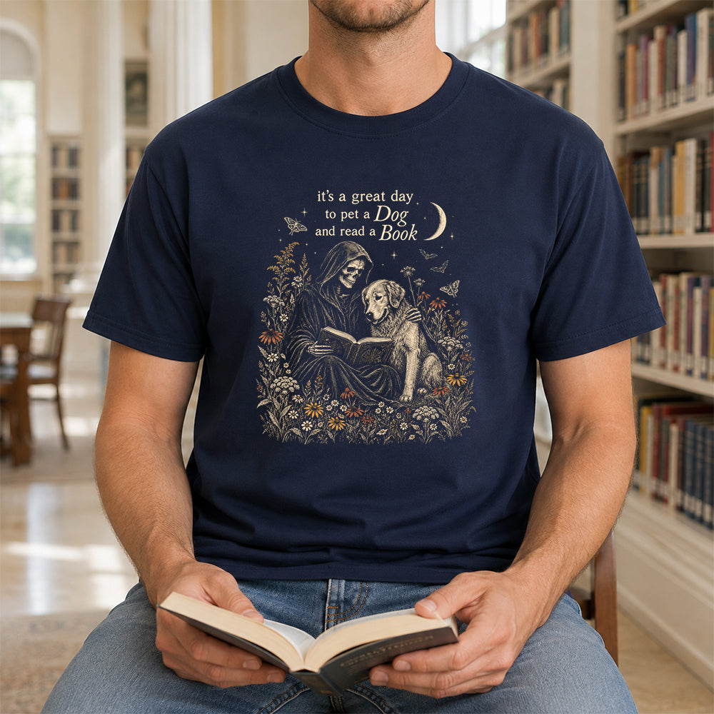 It'S A Great Day To Pet A Dog Printed T-Shirt | Halloween Gift For Golden Retriever Lover & Reader Navy