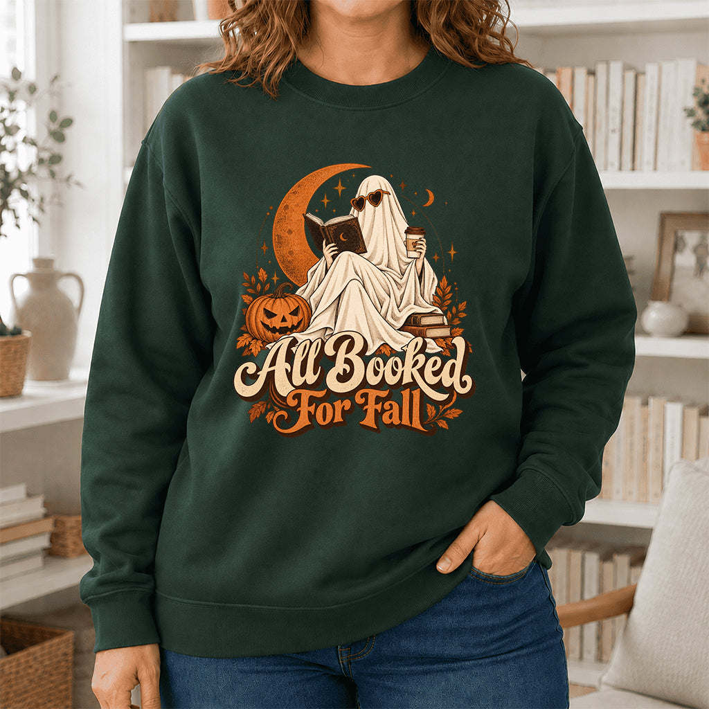 All Booked For Fall Crewneck Sweatshirt | Halloween Reader Gift Forest Green