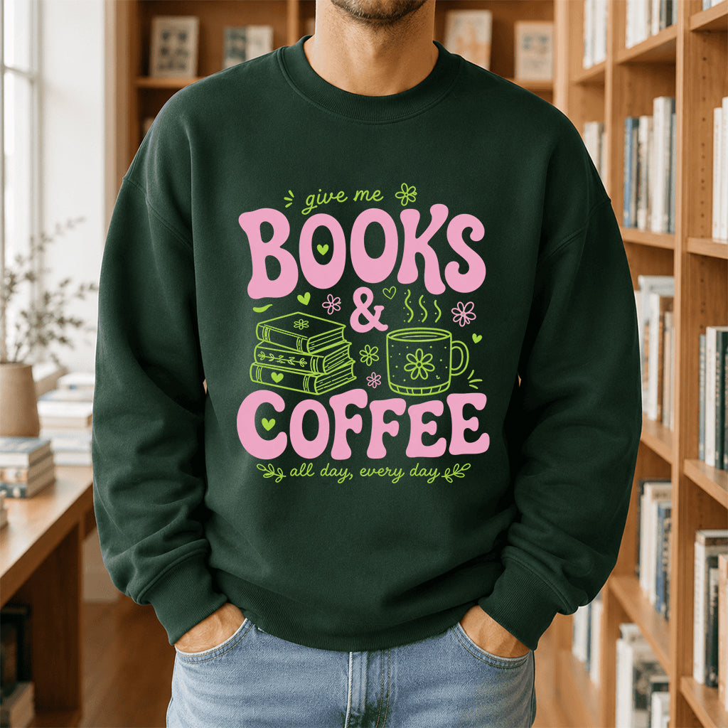 Books and Coffee Crewneck Sweatshirt | Reader Gift Forest Green