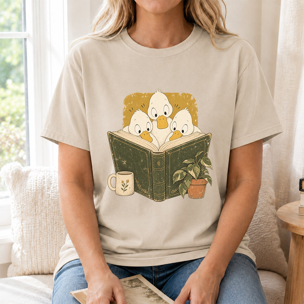 Minimal Japanese Ducks Reading Softstyle T-Shirt | Book Lover Gift Sand
