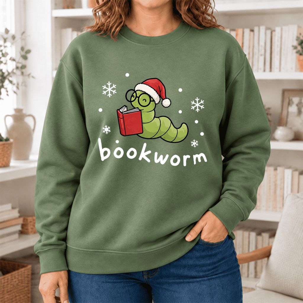 Christmas Bookworm Softstyle Sweatshirt | Christmas Book Lover Gift Military Green
