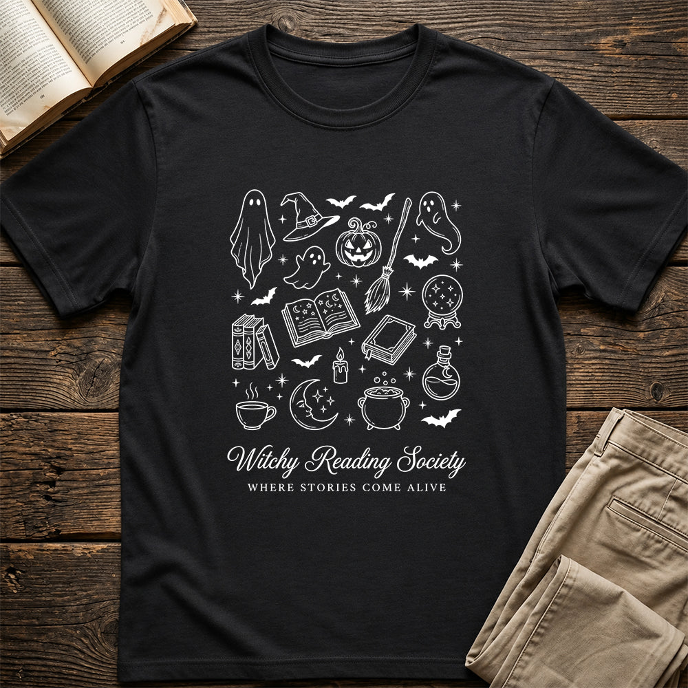 Witchy Reading Society Printed T-Shirt | Halloween Reader Gift Black