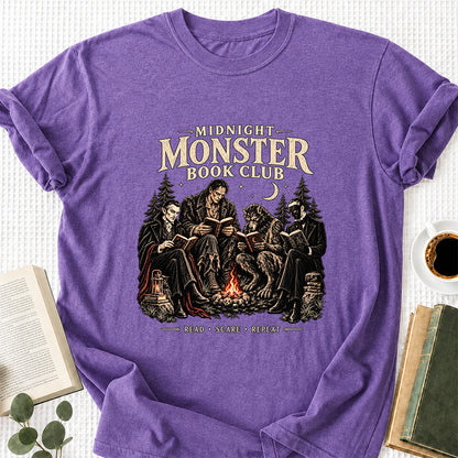 Midnight Monster Book Club Printed T-Shirt | Halloween Book Lover Gift Heather Purple